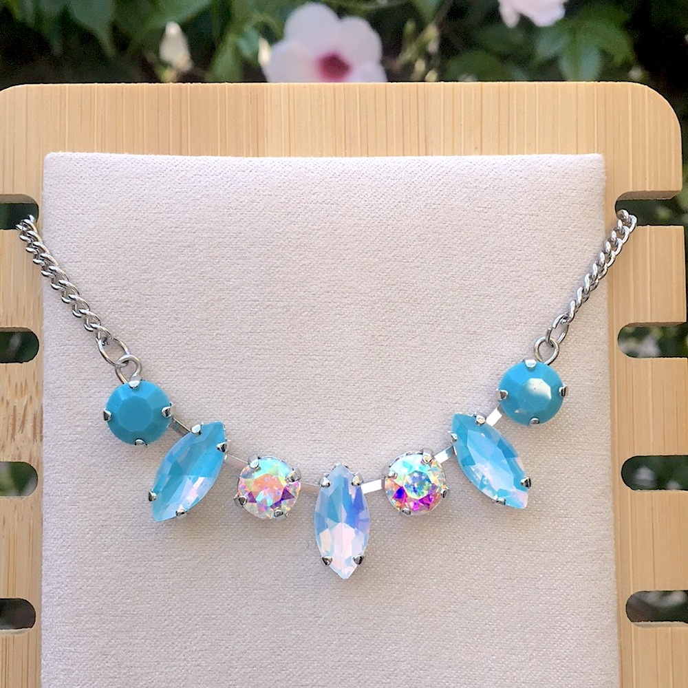 Turquoise, White + Aquamarine Aurora Borealis Opal Crystal + Silver Necklace - Picture 3 of 6